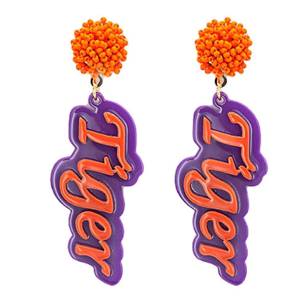 Clemson Team Colors Football Fan Orange Purple Acrylic Earrings